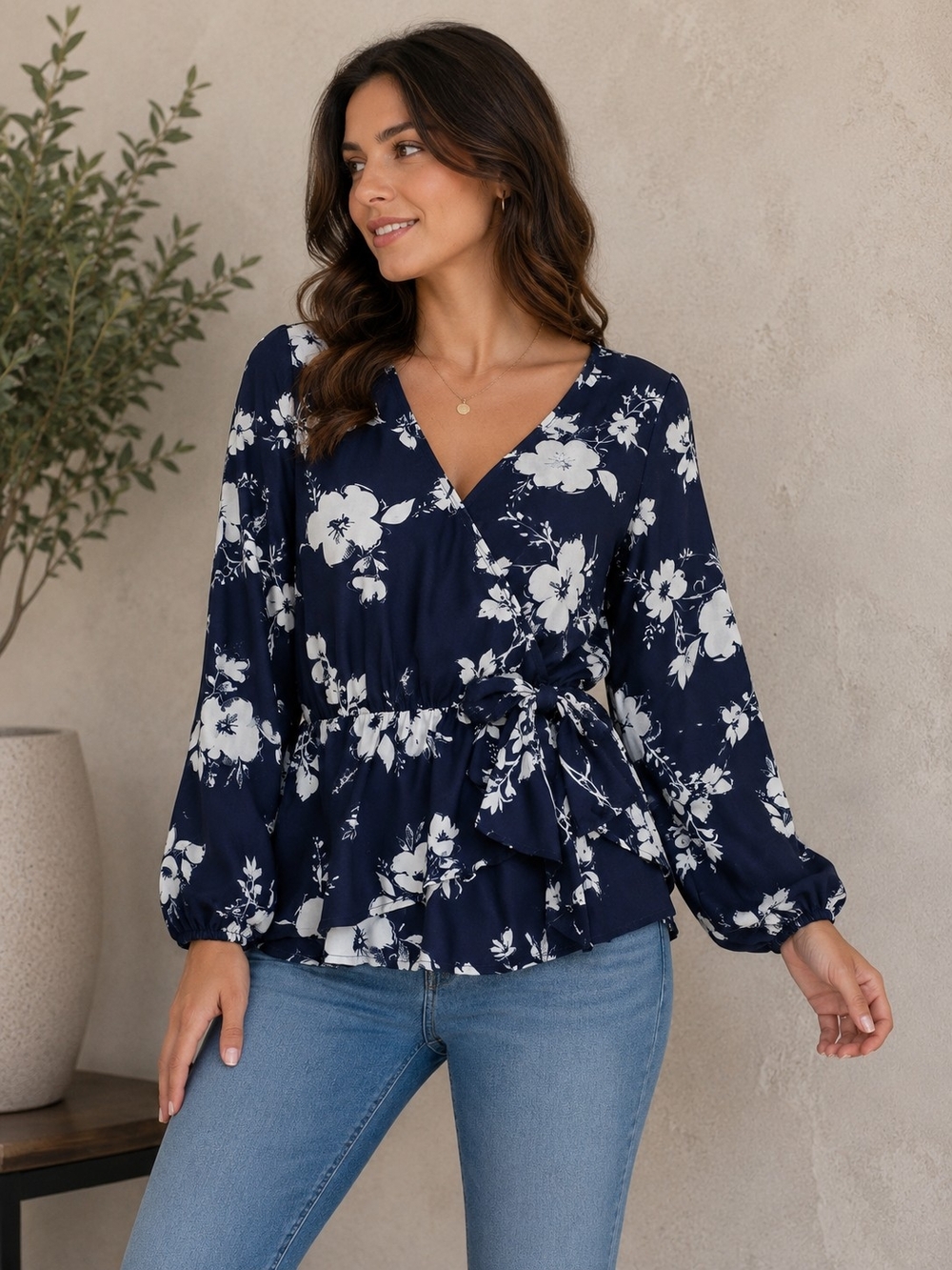 West Kei Women's Floral Faux Wrap Blouse – Size Medium